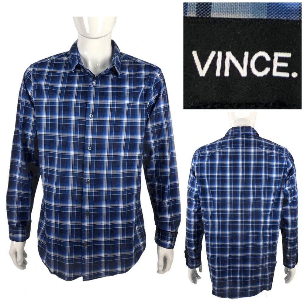 VINCE Mens Shirt XL Blue Plaid Button Front 100% Cotton Long Sleeve EUC